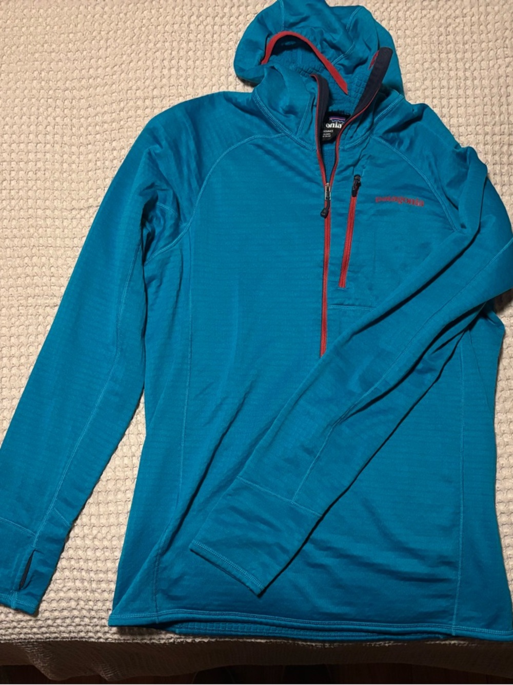 Patagonia Teal Hoodie Quarter-Zip with Red Trim